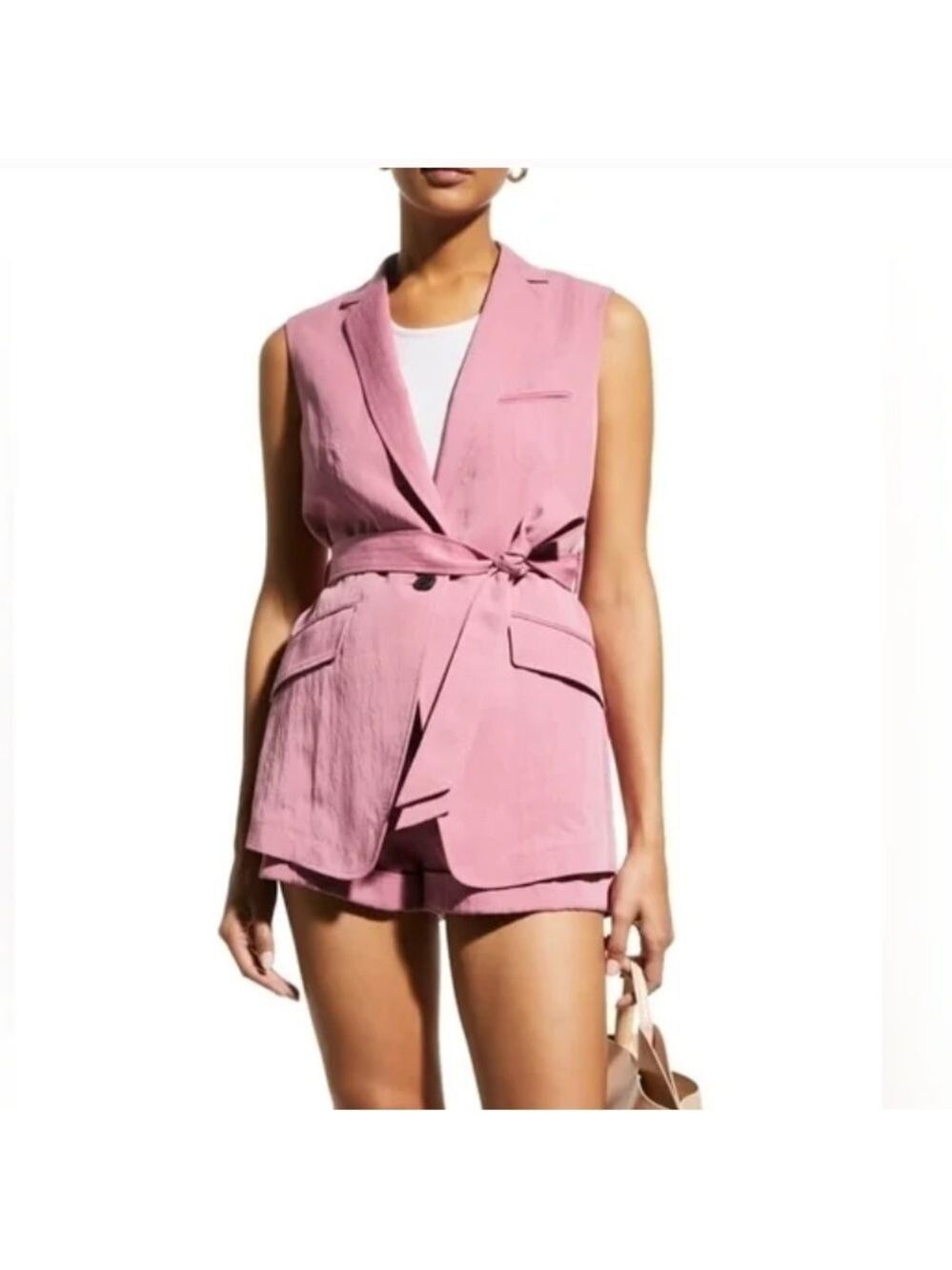 RAG & BONE Margot sleeveless blazer self tying belt front button blush pink sz4